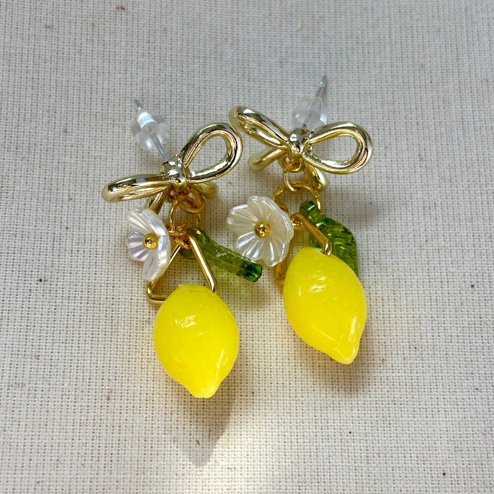 Lemon Fruit Flower‎ Blossom Gold Tone Bow Dangle Drop Earrings - Picture 4 of 10